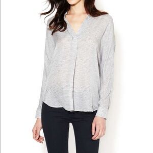 Vince | Silk Split Neck Top | Extra Small | Long Sleeve | Grey Woven Print